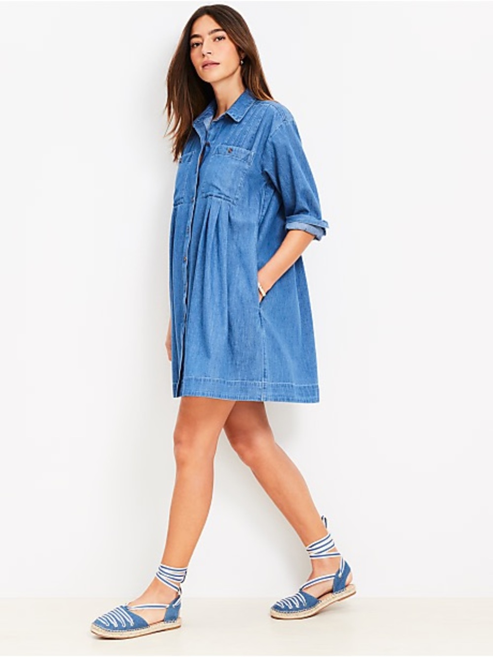 LOFT Button-Front Chambray Mini Dress in Blue